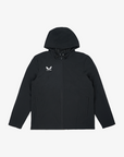 Black hooded jacket with logos on a white background