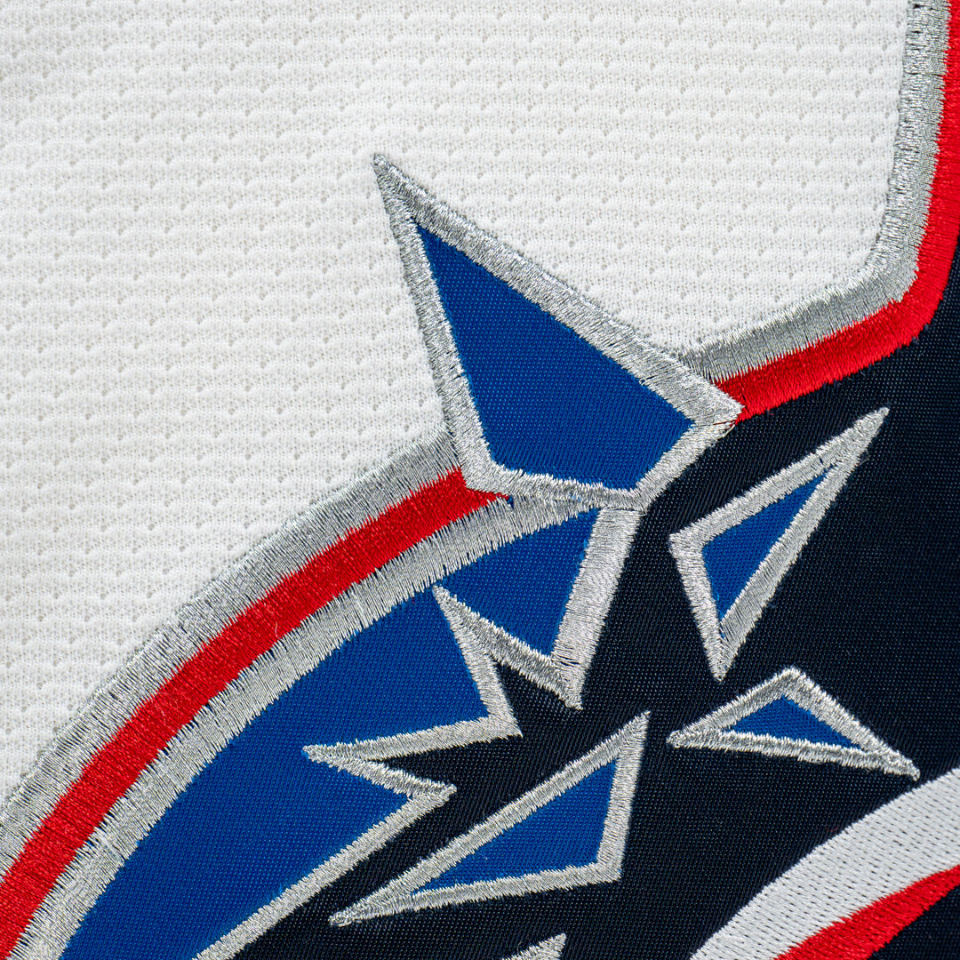 Close-up of a sports team logo with blue, red, and gray colors on a white background.