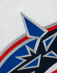 Close-up of a sports team logo with blue, red, and gray colors on a white background.