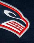 Close-up of a logo on a dark blue background