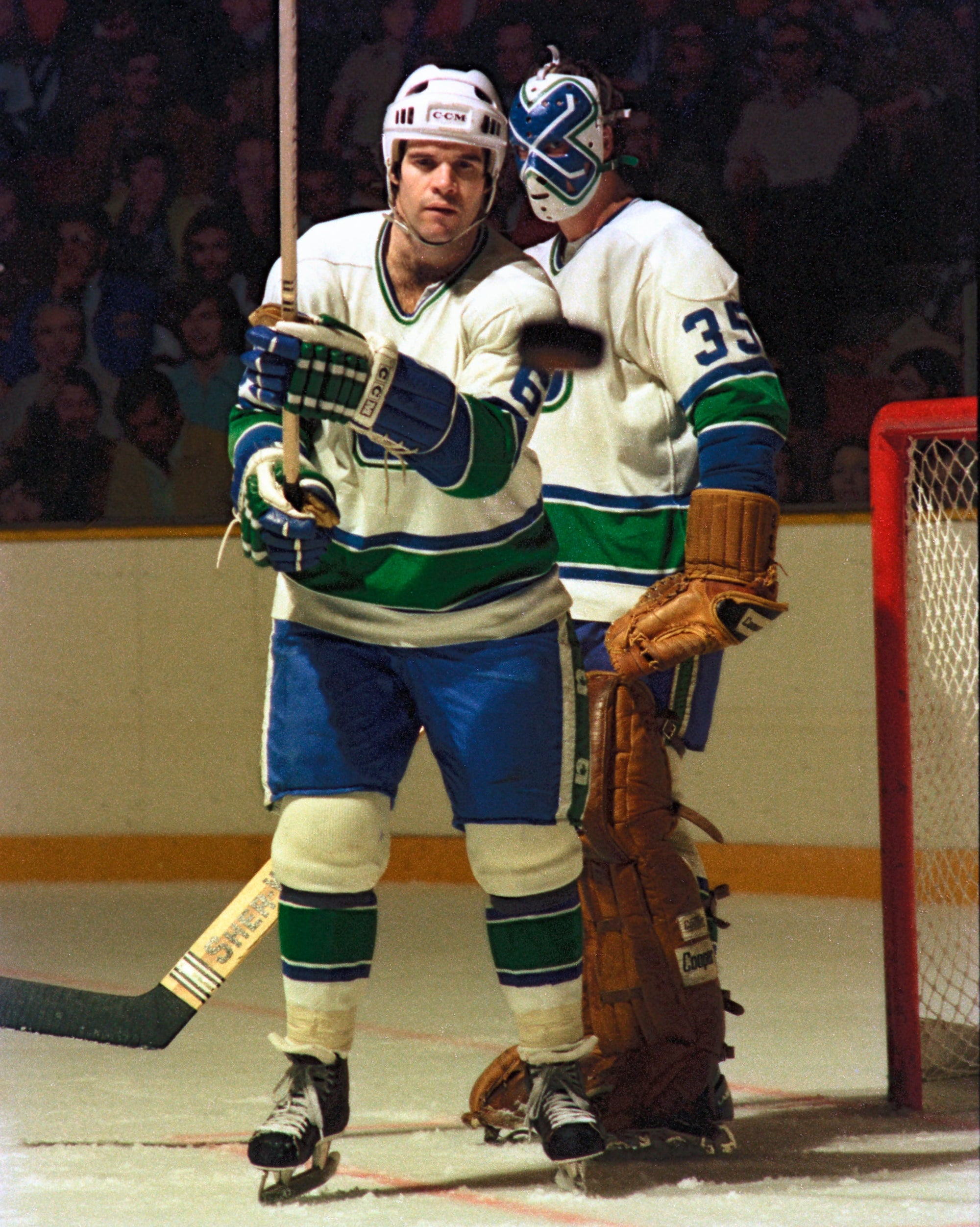 Two hockey players on an ice rink with a crowd in the background
