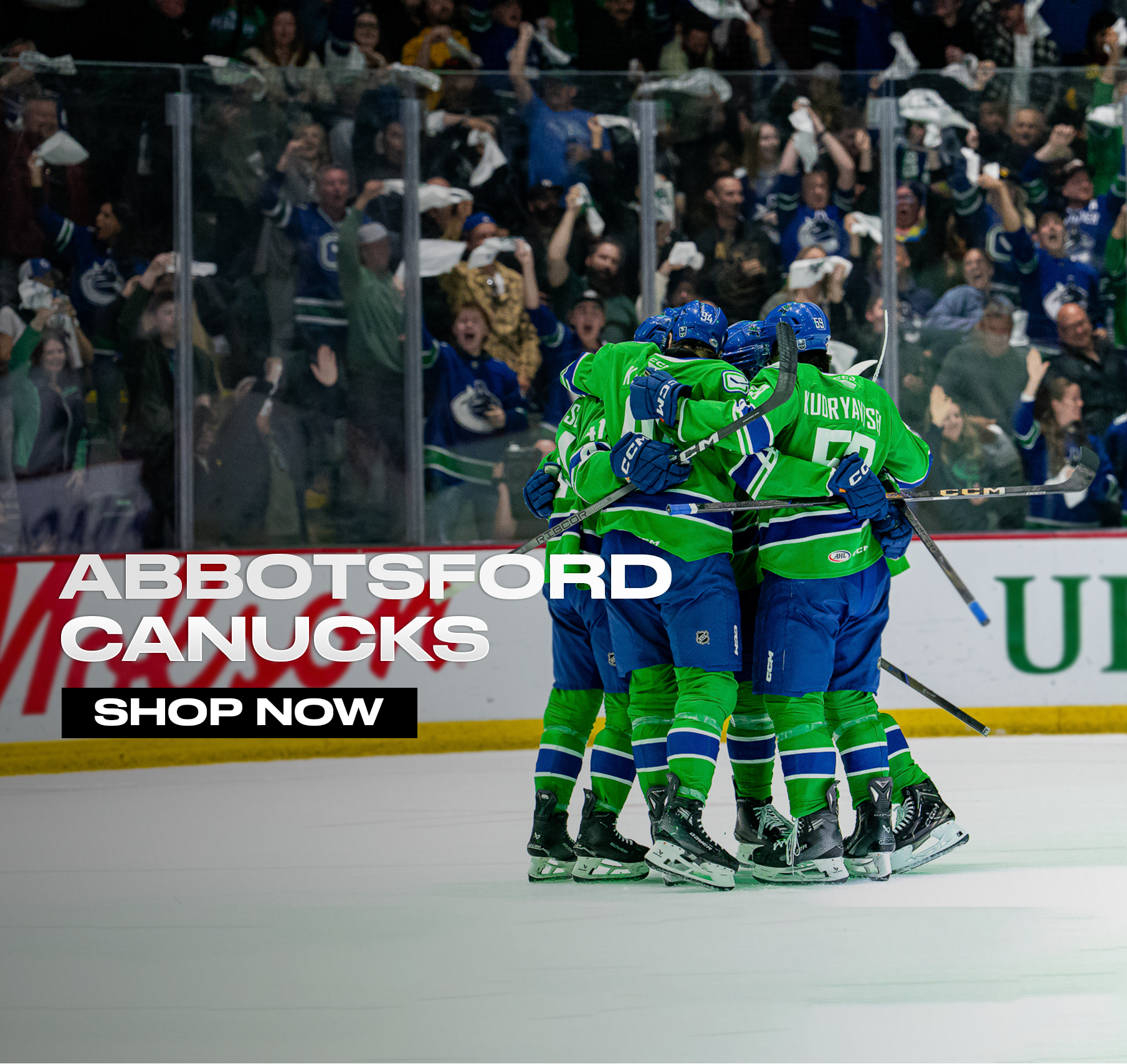 Hockey players celebrating on the ice with 'Abbotsford Canucks' branding and a 'Shop Now' call to action.