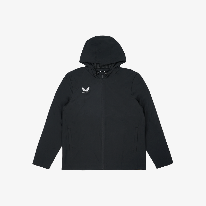 Black hooded jacket with logos on a white background